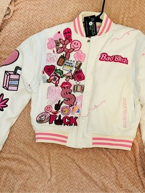 Plastics Embroidered Patch Varsity Jacket - Cream & Pink